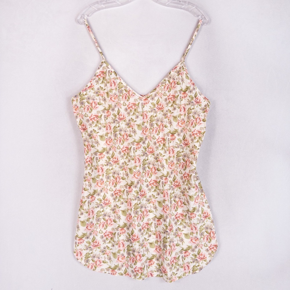 Pollinaise Chemise Sz Large Cream Floral Satin V-Neck Spaghetti Strap Vintage